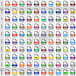 100 file types icons in simple flat style for graphic web design - royalty-free vector image