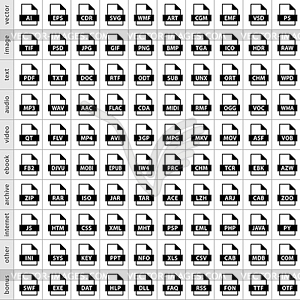 100 file types icons in simple flat style for graphic web design - vector clip art