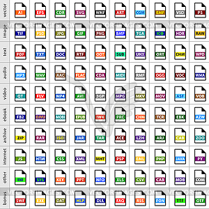 100 file types icons in simple flat style for graphic web design - vector clipart