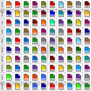 100 file types icons in simple flat style for graphic web design - royalty-free vector image