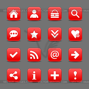 16 red satin icon with white basic sign on rounded square web button with black shadow - vector clip art