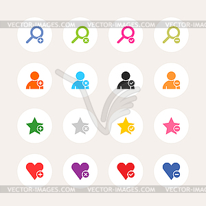 16 icon loupe, user profile, star favorite, heart bookmark icon with plus, delete, check mark and minus sign - royalty-free vector image