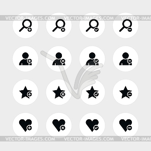 16 icon loupe, user profile, star favorite, heart bookmark icon with plus, delete, check mark and minus sign set 07 - vector image