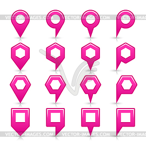 Pink color map pin icon satin location sign with empty copy space, gray shadow and reflection - vector clipart