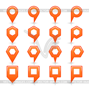 Orange color map pin icon satin location sign with empty copy space, gray shadow and reflection - stock vector clipart