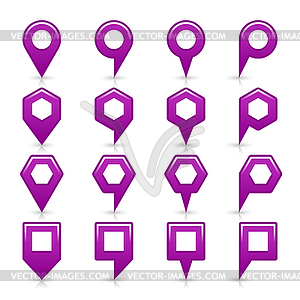 Violet color map pin icon satin location sign with empty copy space, gray shadow and reflection - vector clipart