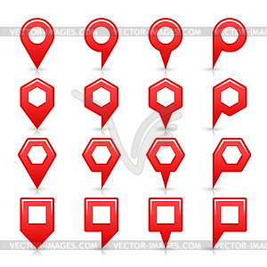 Red color map pin icon satin location sign with empty copy space, gray shadow and reflection - vector image