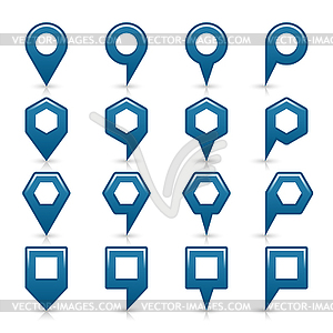 Cobalt color map pin icon satin location sign with empty copy space, gray shadow and reflection - vector image