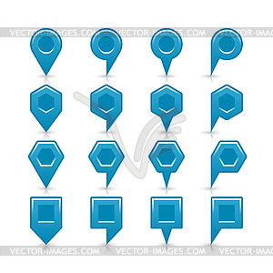 Blue color map pin sign satin location icon with dark empty copy space and gray shadow, reflection - vector clip art