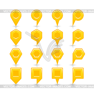 Yellow color map pin sign satin location icon with dark empty copy space and gray shadow, reflection - vector image