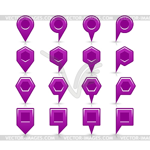 Violet color map pin sign satin location icon with dark empty copy space and gray shadow, reflection - vector image