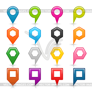 16 map pins sign blank location icon with gray shadow, reflection - vector image