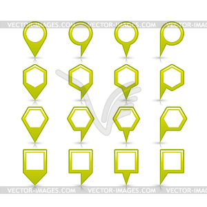 Green color blank map pin sign empty satin location icon with gray shadow and reflection - vector image