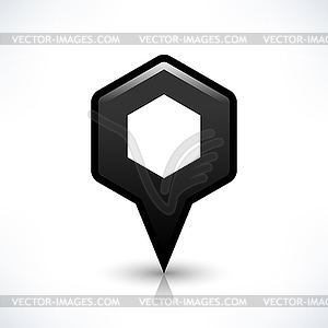 Black empty map pin location sign rounded hexagon shape icon with drop reflection gray shadow in simple flat style - vector clipart