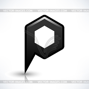 Black empty map pin location sign rounded hexagon shape icon with drop reflection gray shadow in simple flat style - vector image