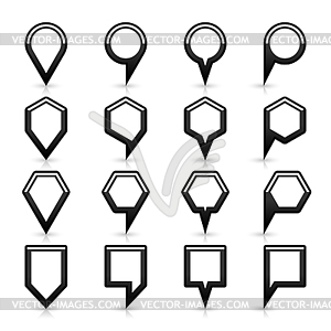 16 map pins sign location icon with gray reflection and shadow in flat satined style - vector image