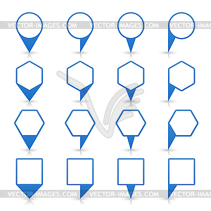Blue map pin icon location sign with gray reflection and shadow  in flat simple style - vector EPS clipart