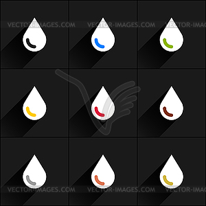 9 drop set (milk, water, eco, oil, blood, chocolate, silver, copper, gold) in flat simple style - vector clipart