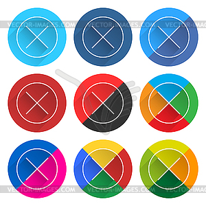 9 popular social network icon set with remove sign in circle with long diagonal shadow - vector clip art