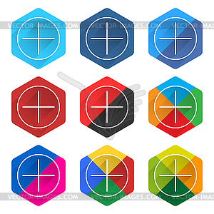 9 popular social network icon set with plus sign in circle with long diagonal shadow - vector image