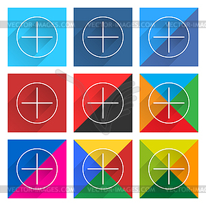 9 popular social network icon set with plus sign in circle with long diagonal shadow - vector clipart
