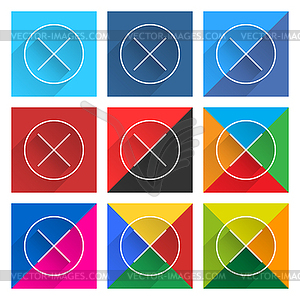 9 popular social network icon set with remove sign in circle with long diagonal shadow - vector image