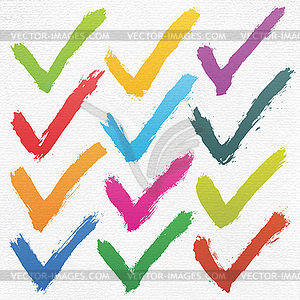 12 color ink sketch check mark on watercolor paper - vector clip art