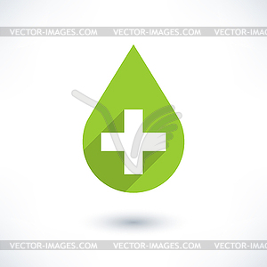 First aid drop green sign with cross and long drop shadow in flat style - vector clipart