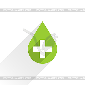 First aid drop green sign with cross with gray long shadow in simple flat style - vector clipart