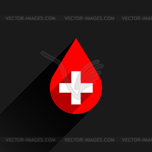 Donate drop blood red sign with white cross with long shadow in simple flat style - vector image