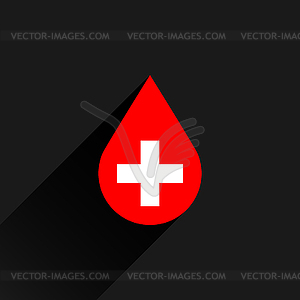 Donate drop blood red sign with white cross with black long shadow in simple flat style - vector clipart