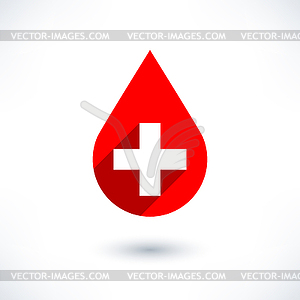 Donate drop blood red sign with cross in flat long shadow style - vector clipart