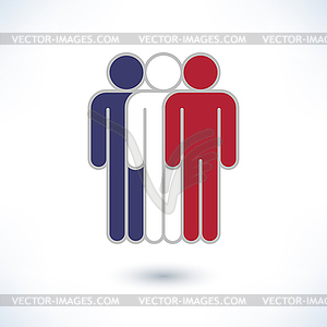 Colored logotype three people painted in colors of National Flag of United States of America (man figure) - vector image