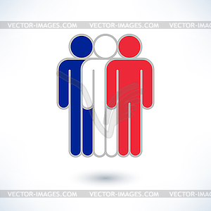 Colored logotype three people painted in colors of National Flag of France (man figure) - vector clip art