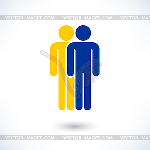 Colored logotype two people painted in colors of National Flag of Europe (man figure) - vector image