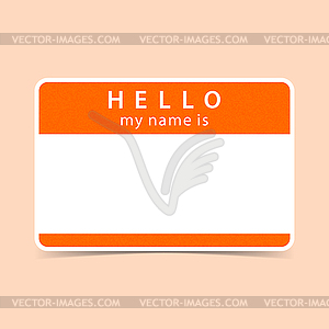 Orange blank name tag sticker HELLO my name is - vector clipart