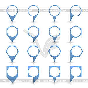 Blue blank map pin sign location icon with circular copy space and gray shadow, reflection  in simple flat style - vector image