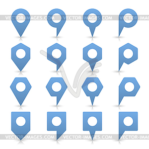 Blue blank map pin sign location icon with white empty space and gray shadow, reflection in simple flat style - vector image