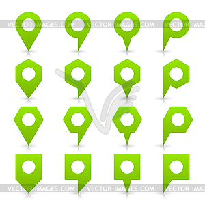 Light green blank map pin sign location icon with white empty space and gray shadow, reflection in simple flat style - royalty-free vector image