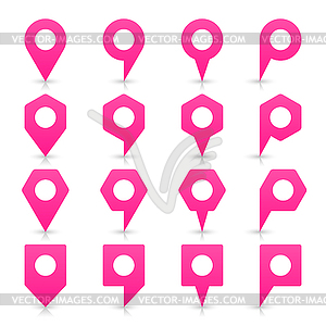 Pink blank map pin sign location icon with white empty space and gray shadow, reflection in simple flat style - vector clip art