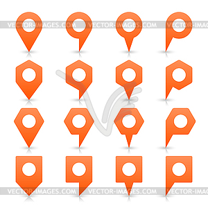 Orange blank map pin sign location icon with white empty space and gray shadow, reflection in simple flat style - vector image