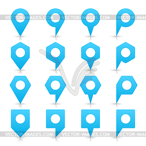 Cyan blank map pin sign location icon with white empty space and gray shadow, reflection in simple flat style - vector image