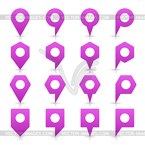 Violet blank map pin sign location icon with white empty space and gray shadow, reflection in simple flat style - vector clipart