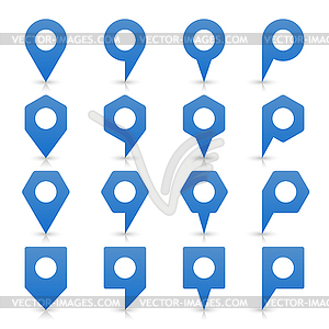 Cobalt blank map pin sign location icon with white empty space and gray shadow, reflection in simple flat style - vector image