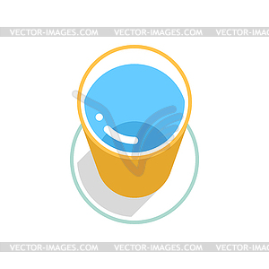 Yellow bucket with clean water with gray long shadow on circle icon with green stroke in 3d flat style - vector clipart