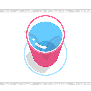 Pink bucket with clean water with gray long shadow on circle icon with blue stroke in 3d flat style - vector image