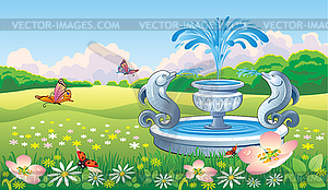 Пейзаж с фонтаном - стоковый клипарт
