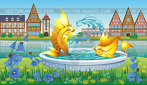 Landscape with fountain with goldfish - vector image