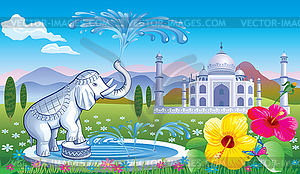 Landscape with fountain- elephant - vector clip art
