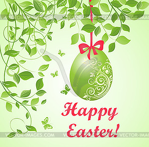 Easter green card with hanging egg - vector clip art